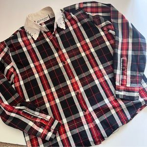 Vintage Black and Red Plaid Shirt Buttons Down Cotton Blend Petite Size Large